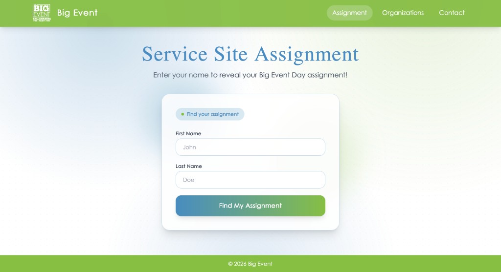 The Big Event 2026 service site assignment landing page