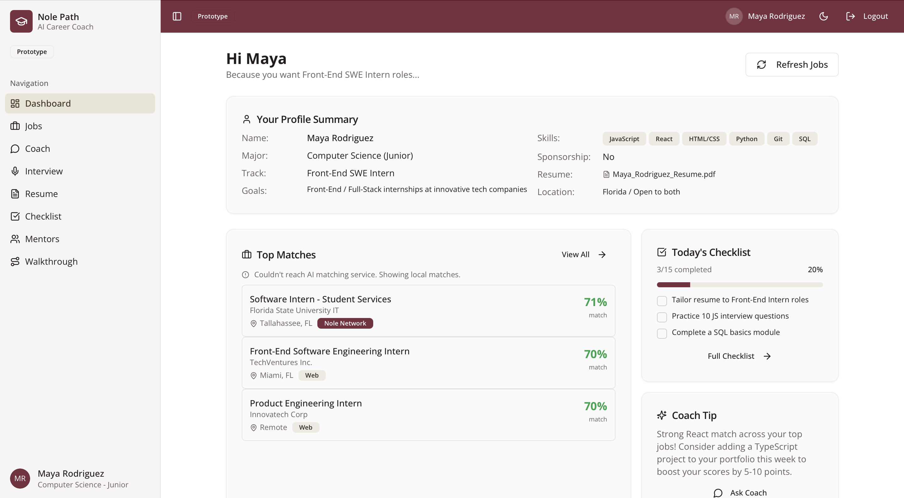 Nole Path dashboard showing AI-powered internship tracking and student workflow